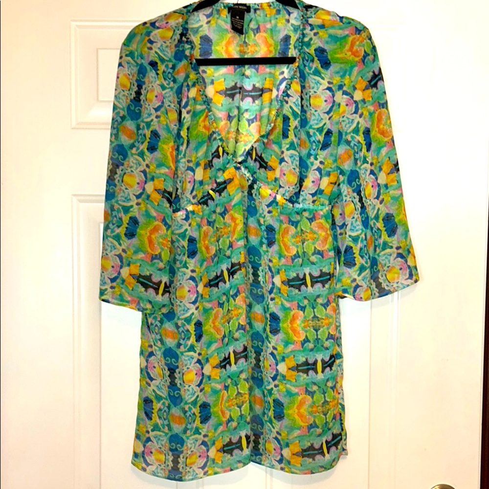 Ellen Weaver Floral Kimono Tunic Top/Dress M Colorful Sheer Swim Resort Coastal